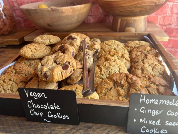 A selection of cookies including vegan chocolate and various homemade kinds.